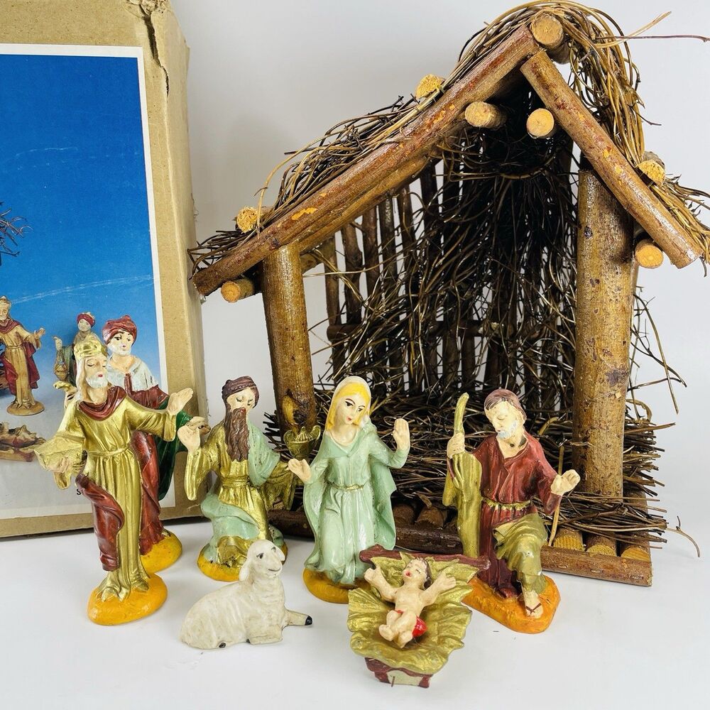 Vintage Christmas Nativity Manger Set 7 Figures Original Box Taiwan 54-342 Jesus